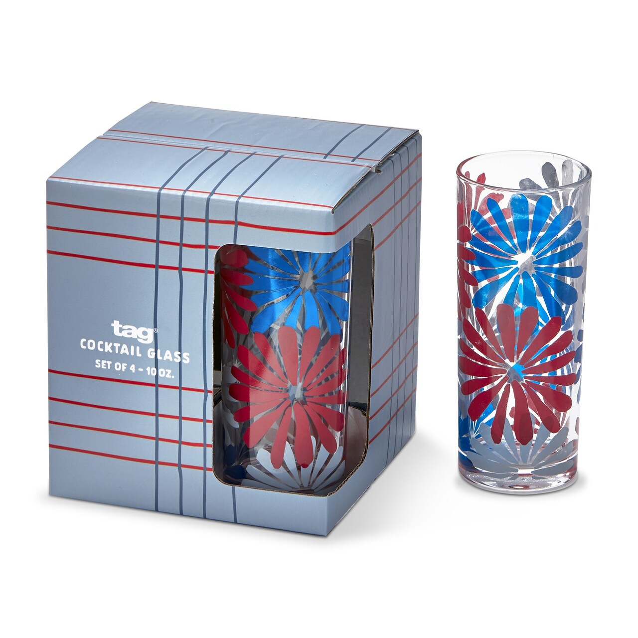 Set of 4 Very Groovy Clear Glass Drinkware Glassware with Large Bright Flowers 10 oz.